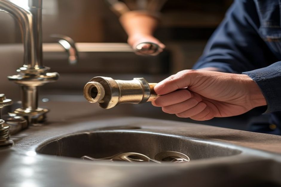 Plumber working on pipes under a sink in Kansas City